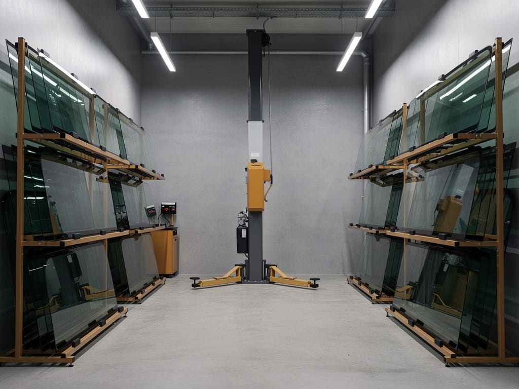 Interno dell'officina con ponte auto e rastrelliere per vetri